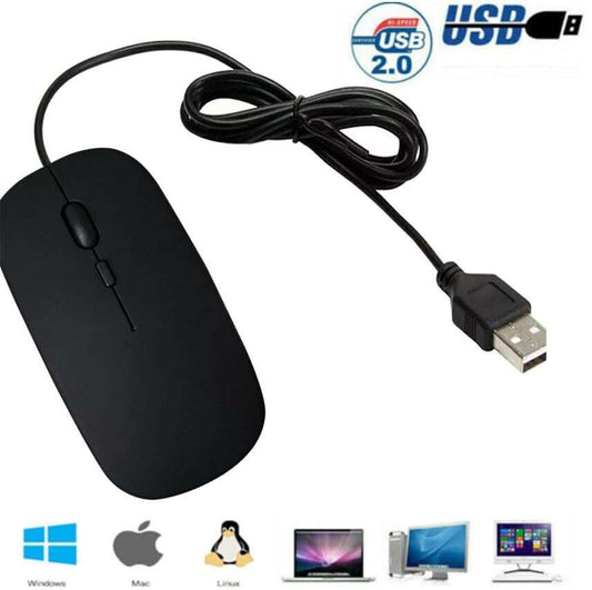 Black ultra-slim optical wired mouse with USB 2.0 for PC and laptops