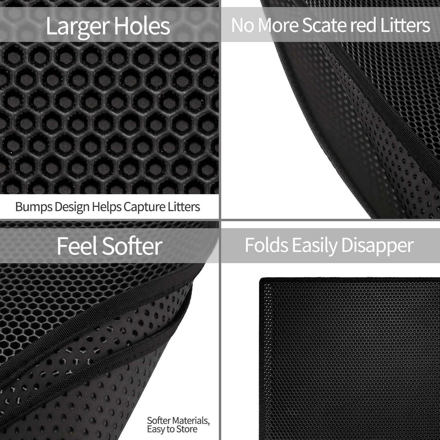 Kitty cat litter mat with double-layer honeycomb design, waterproof, non-slip, durable, soft EVA material, traps scattered litter, easy to clean and fold, black color, 24x15 inches.