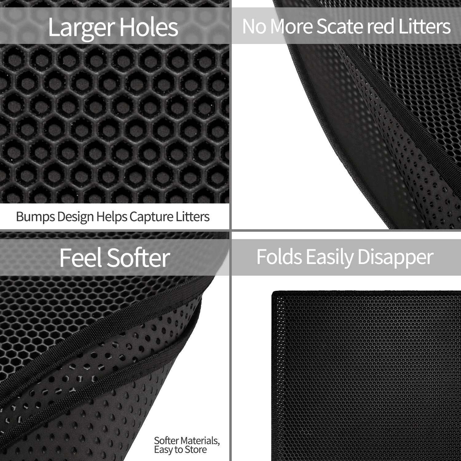 Kitty cat litter mat with double-layer honeycomb design, waterproof, non-slip, durable, soft EVA material, traps scattered litter, easy to clean and fold, black color, 24x15 inches.