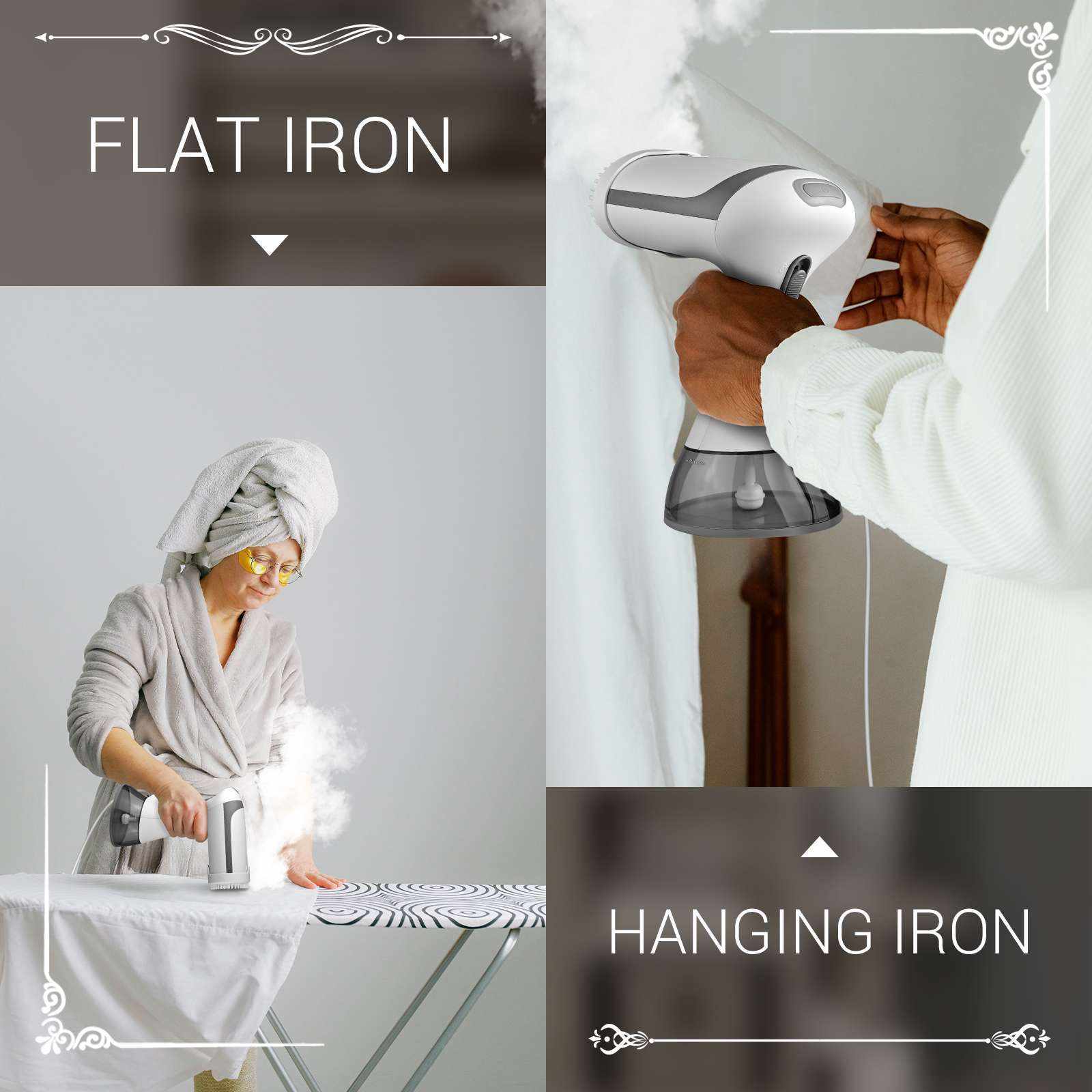 Compact clothes steamer in use for flat ironing and hanging ironing, suitable for travel and home garment care.