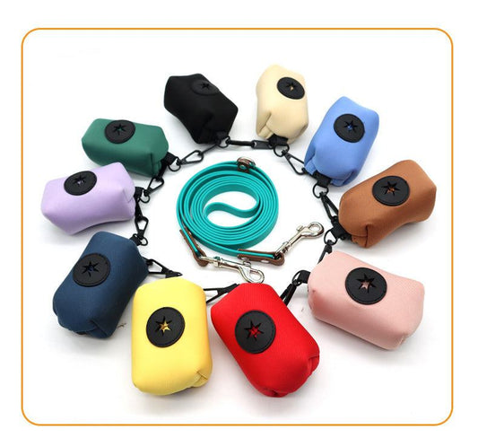 Colorful pet supplies stool bag dispenser set with diving fabric material and leash attachments