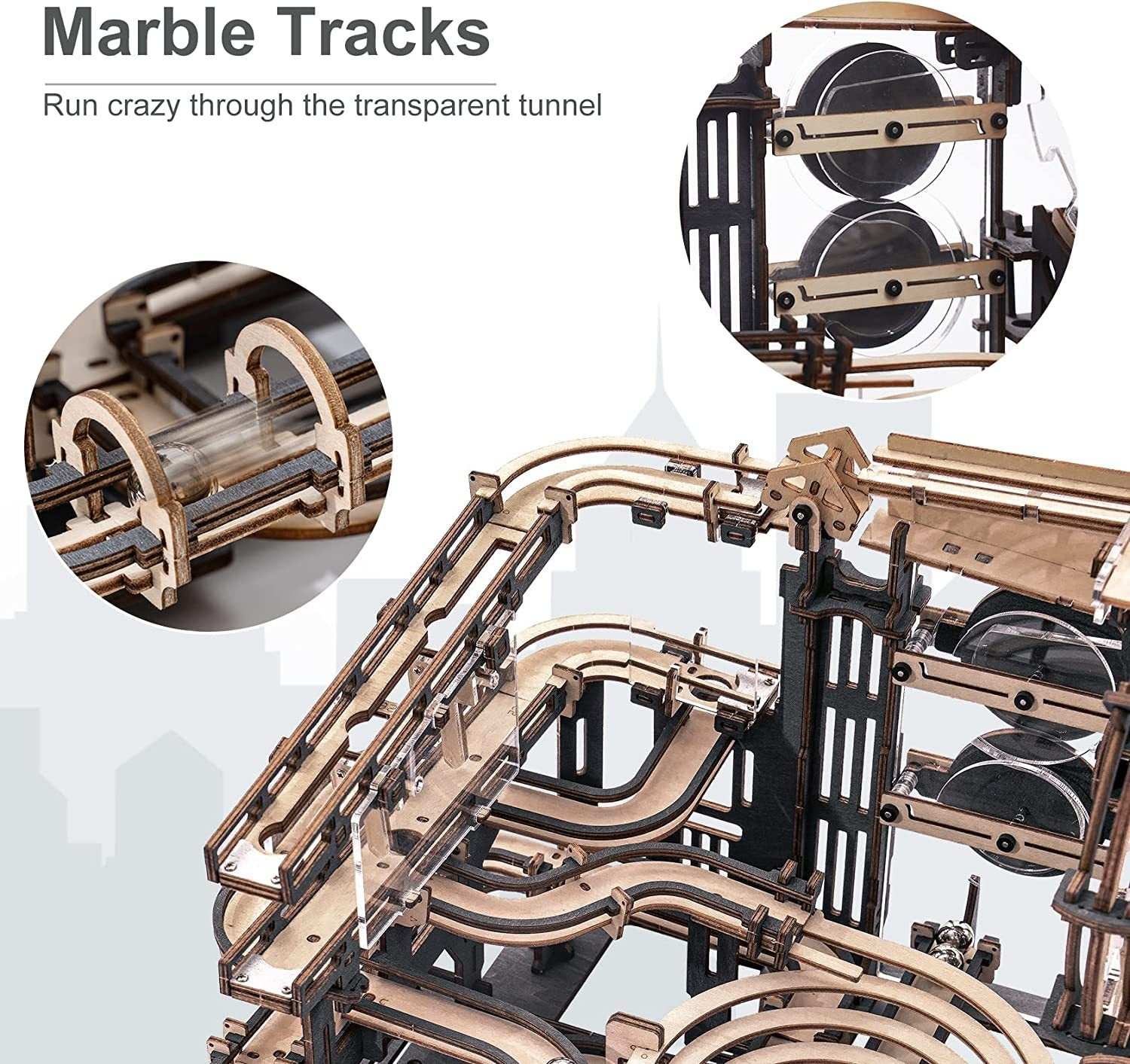 Robotime ROKR Marble Night City 3D wooden puzzle marble track assembly model toy for kids