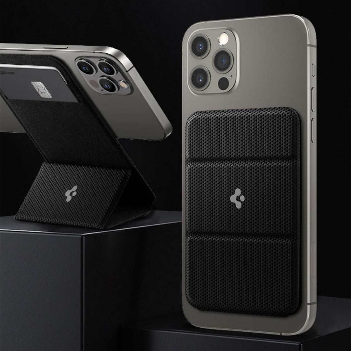 Black magnetic card holder attached to iPhone with textured surface and stand function