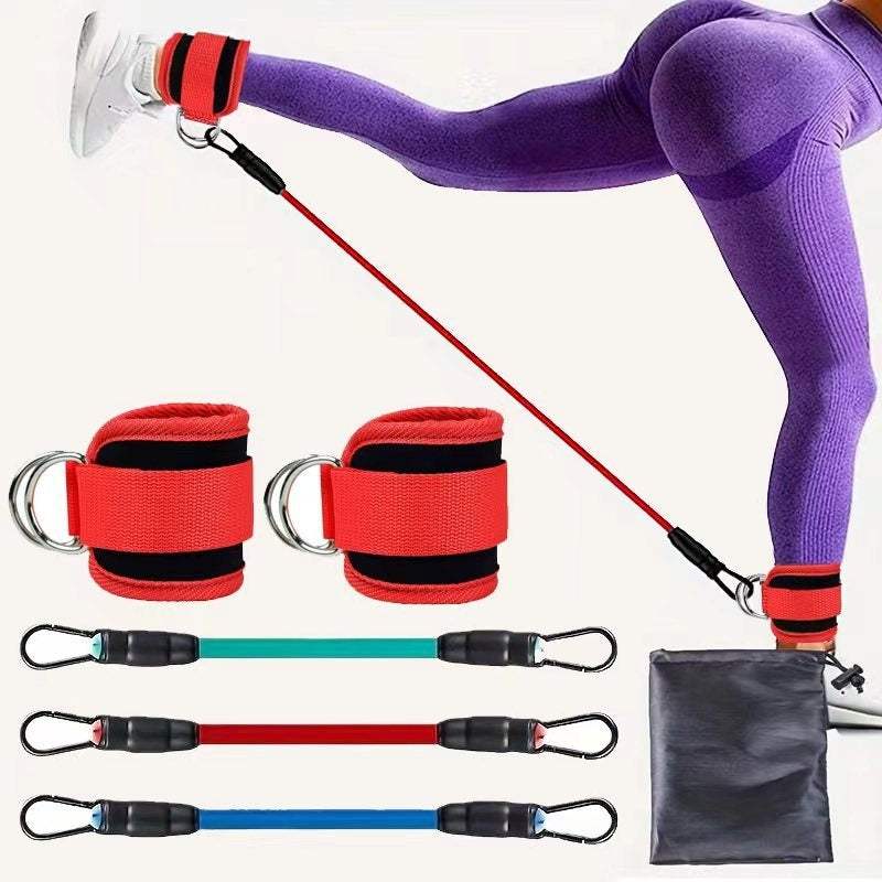 Set of colorful ankle strap resistance bands with metal buckles and elastic tubes for hip and leg strength training at home or gym