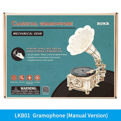Robotime ROKR DIY hand crank wooden gramophone puzzle kit for children