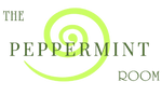 Logo of 'The Peppermint Room' with a green spiral design on a white background