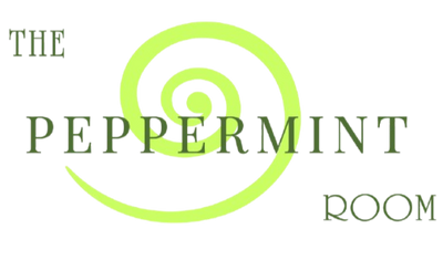 Logo of 'The Peppermint Room' with a green spiral design on a white background