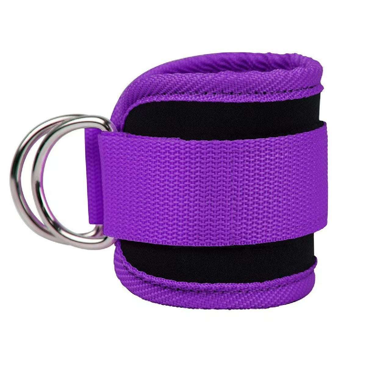 Purple ankle strap resistance band with adjustable silver buckle for leg and hip strength training