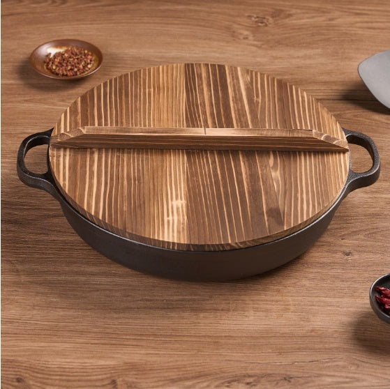 11" Cast Iron Wok – Dual Handles & Wood Lid