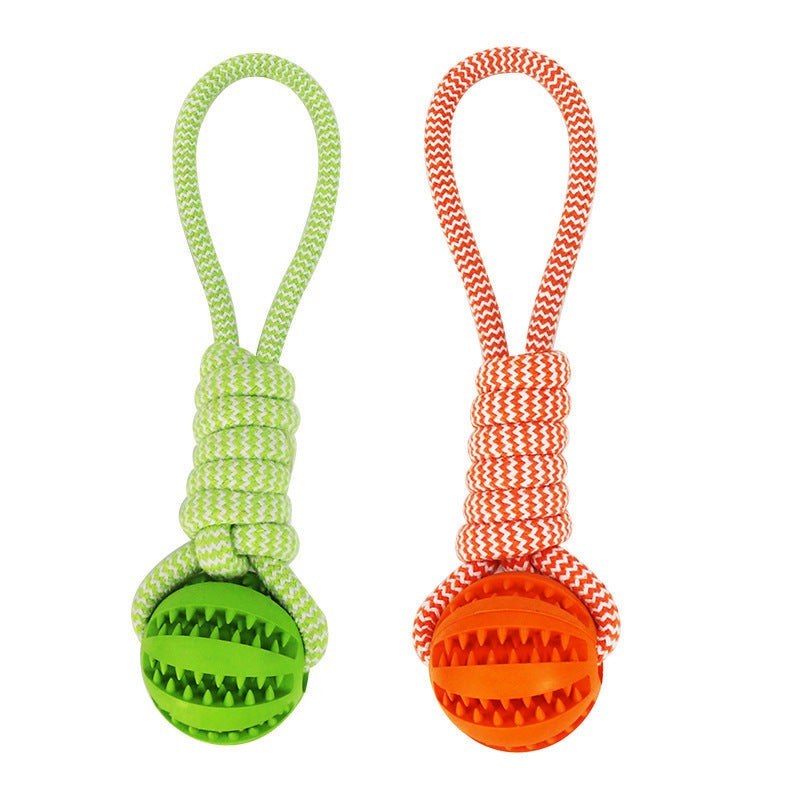 Interactive dog chew toys with treat balls and hemp rope for small dogs, durable and bite-resistant pet tooth cleaning balls in green and orange colors