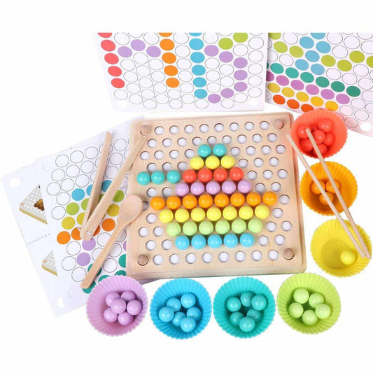 Wooden Peg Board Beads Game with colorful beads, silicone cups, wooden spoon and tweezers, and pattern cards for toddlers' educational play