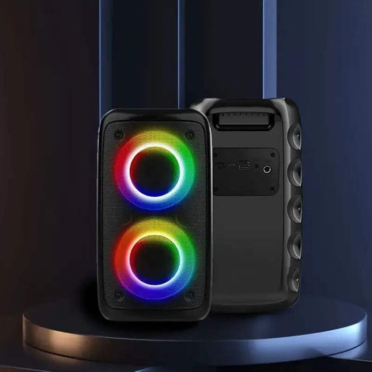Wireless speaker with subwoofer and colorful LED light show, portable outdoor boombox with stereo sound and handle