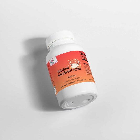 Organic Reishi Mushroom Capsules bottle with 1000mg dietary supplement label on white background