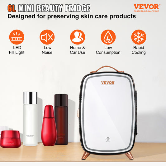 VEVOR 6L Skincare Fridge – Mirror & LED, Black - The Peppermint Room