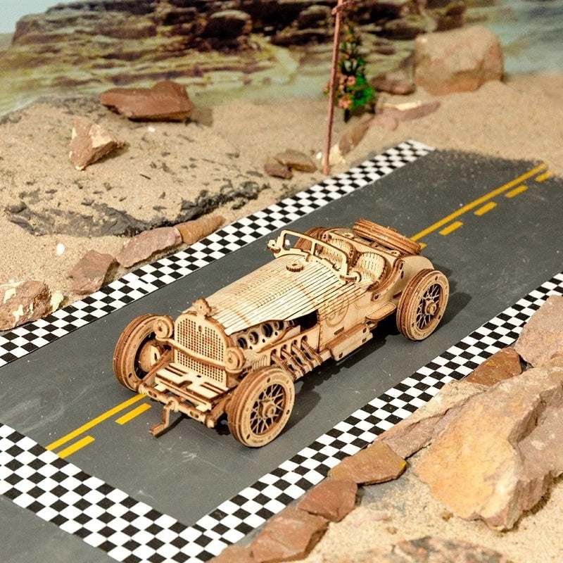 3D wooden puzzle vintage car model on racing track toy assembly kit