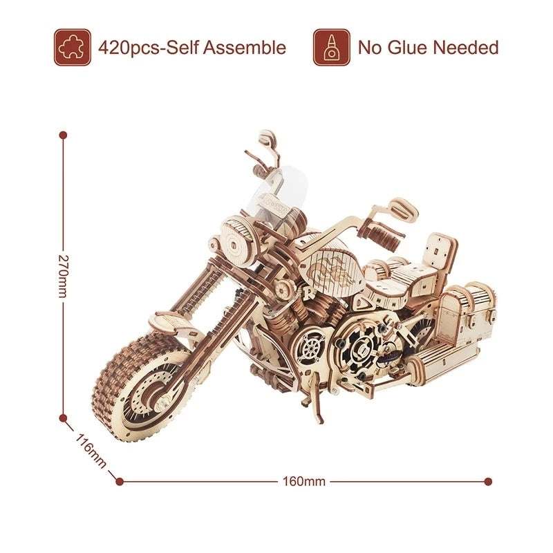 420 piece wooden building block kit for DIY cruiser motorcycle model with no glue needed, measuring 270x116x160mm