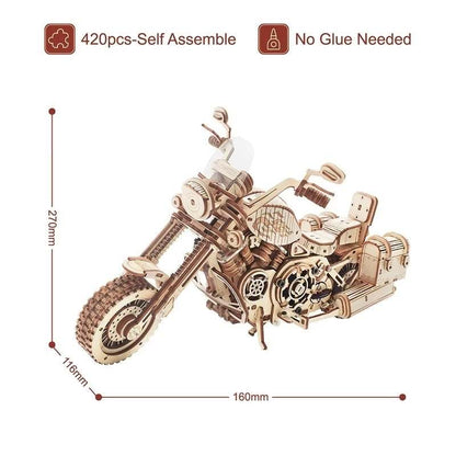 420 piece wooden building block kit for DIY cruiser motorcycle model with no glue needed, measuring 270x116x160mm
