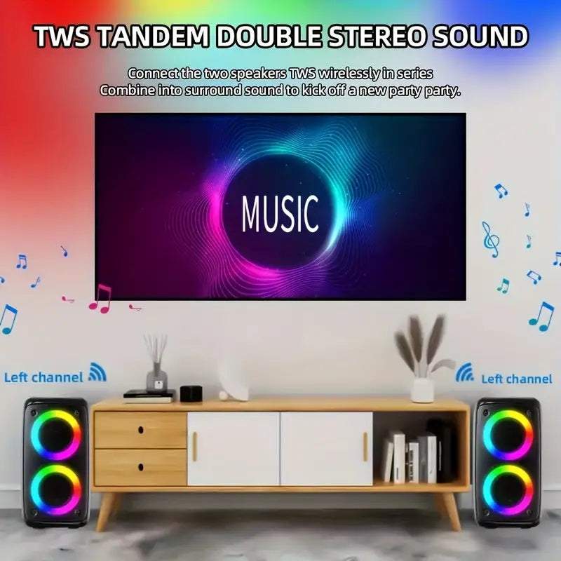 Wireless speaker with subwoofer and colorful LED lights on wooden cabinet for stereo sound system