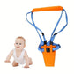 Baby toddler harness walker assistant strap belt in orange and blue with crawling baby nearby