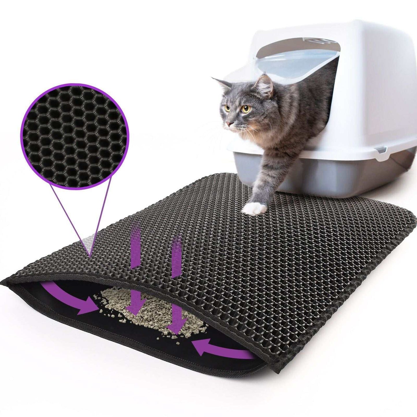 Kitty cat litter mat with double-layer honeycomb design for trapping litter, waterproof, non-slip, washable EVA pad for cats and dogs