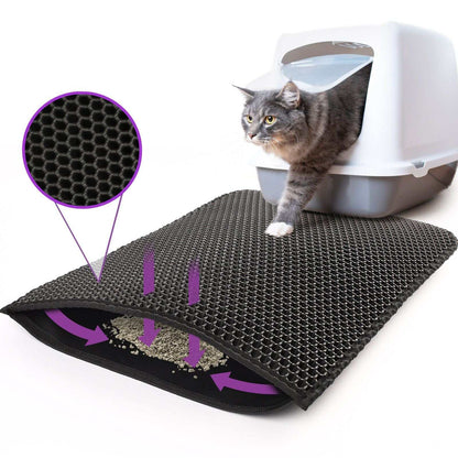 Kitty cat litter mat with double-layer honeycomb design trapping litter, waterproof, non-slip, and washable EVA material with a cat exiting a covered litter box.