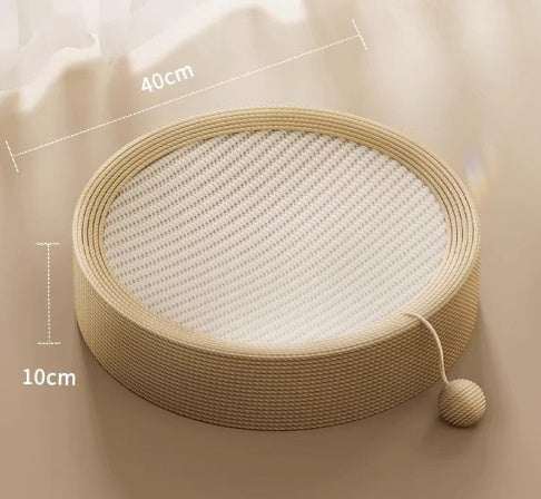 Round cat scratch board with sisal and teddy velvet material, 40cm diameter and 10cm height, beige color with attached ball toy