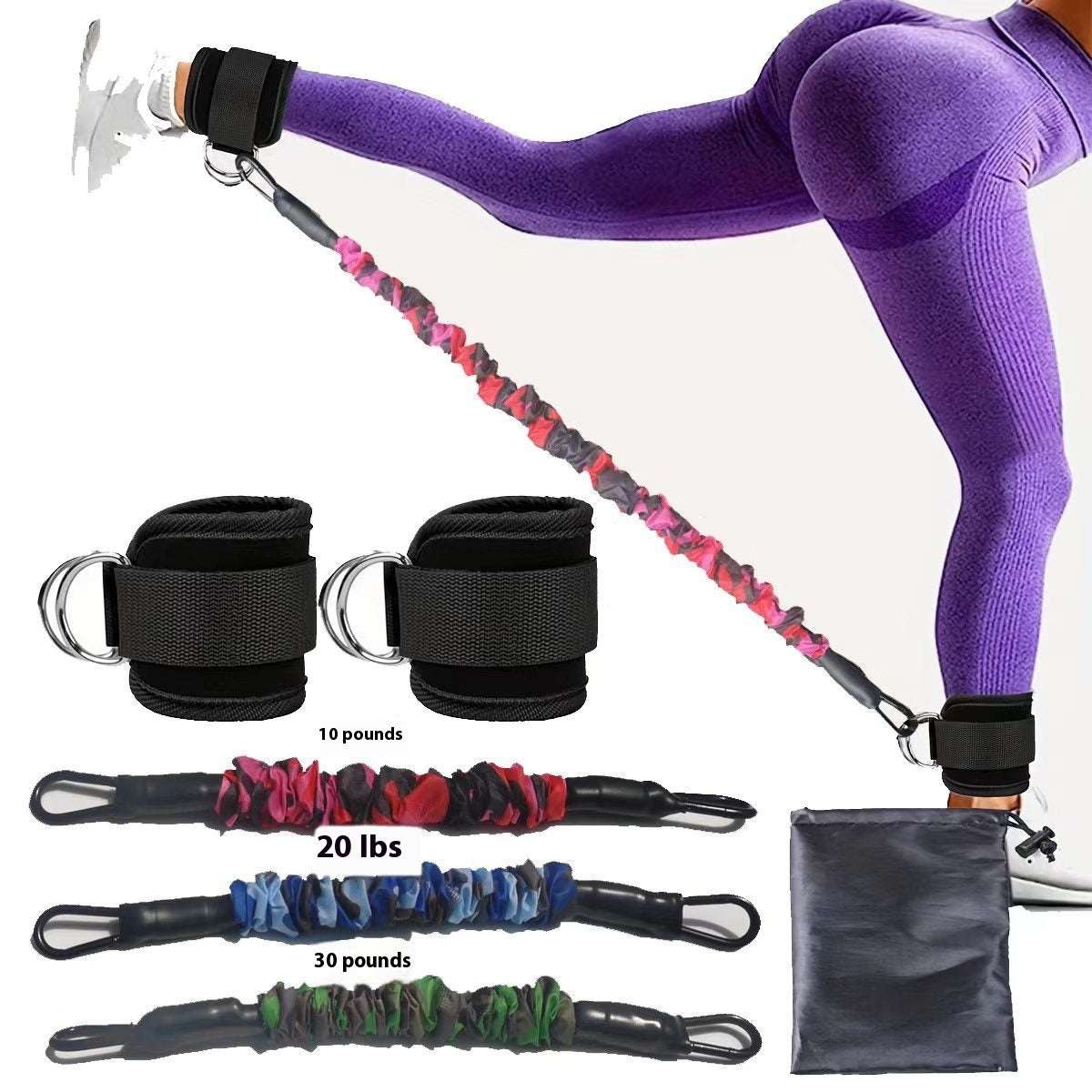 Ankle strap resistance bands in black with pink camo elastic bands for leg and hip strength training