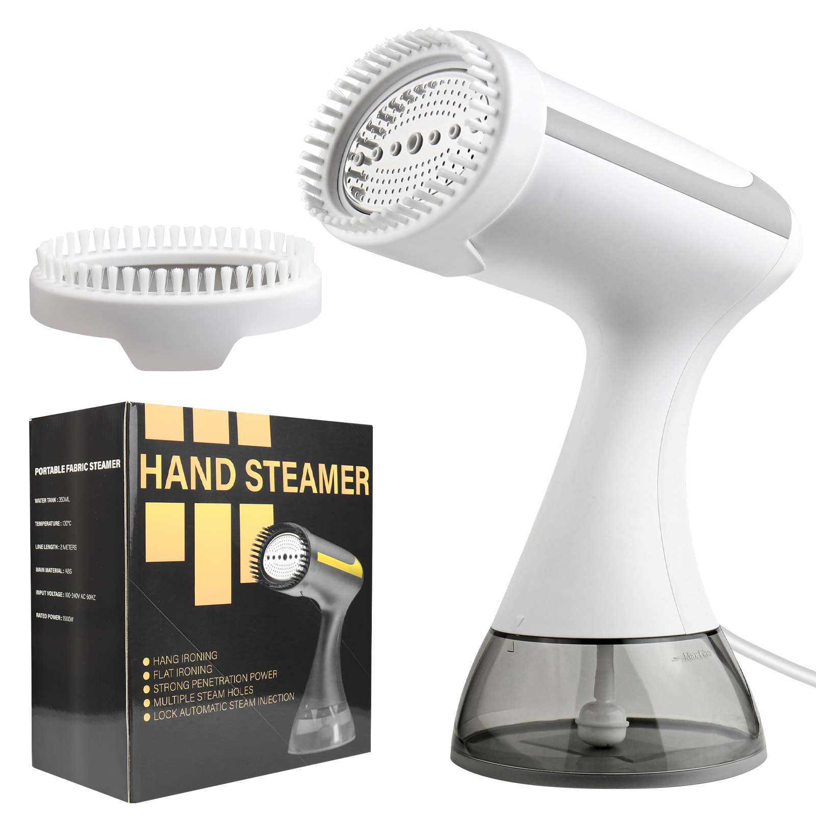 Compact white clothes steamer with fabric brush attachment and black packaging box for home and travel use