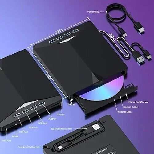 External USB 3.0 DVD drive with 7-in-1 ports, CD/DVD burner, SD and TF card readers, portable design for laptop and PC