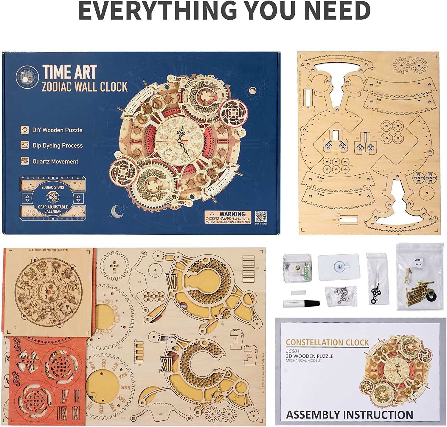 Robotime ROKR Time Art 3D wooden zodiac wall clock puzzle kit with assembly instructions and wooden parts