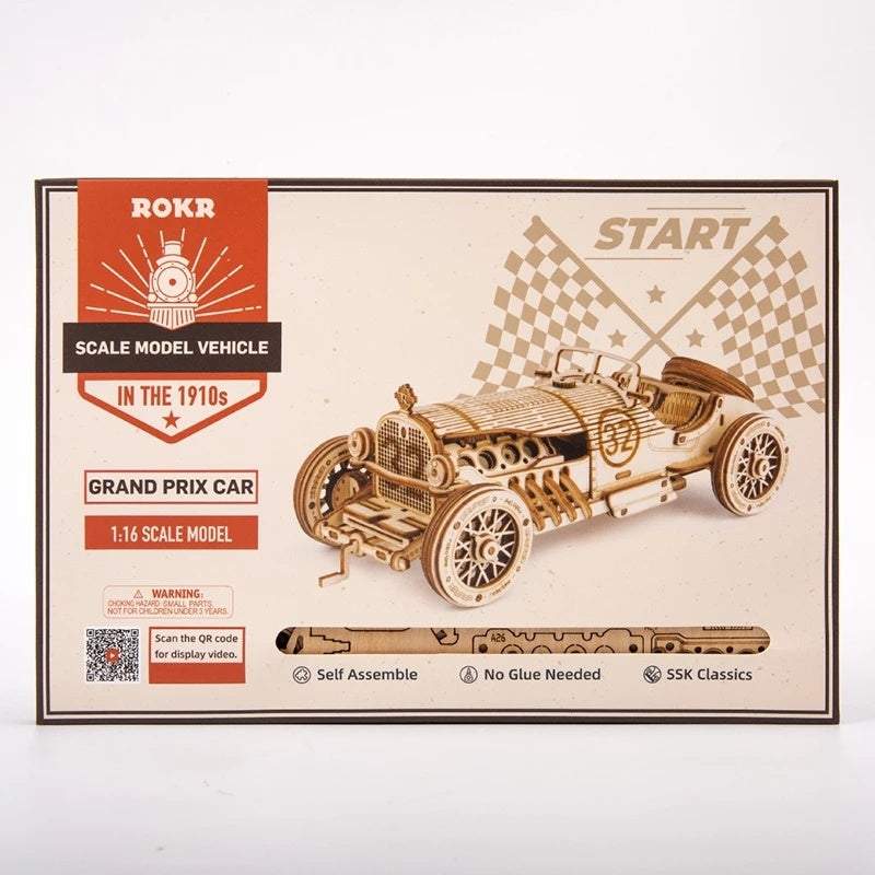 3D wooden puzzle vintage grand prix car model kit for assembly and racing play