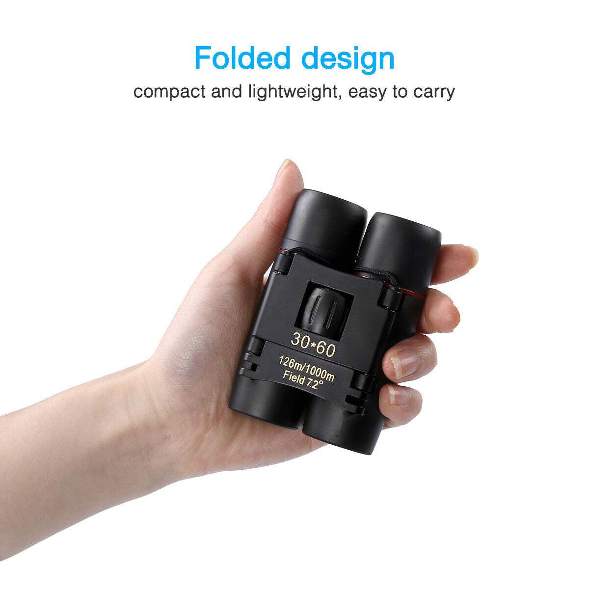 Compact black 30x60 zoom binoculars folded design held in hand for travel and outdoor use