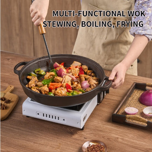 11" Cast Iron Wok – Dual Handles & Wood Lid