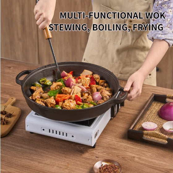 11" Cast Iron Wok – Dual Handles & Wood Lid