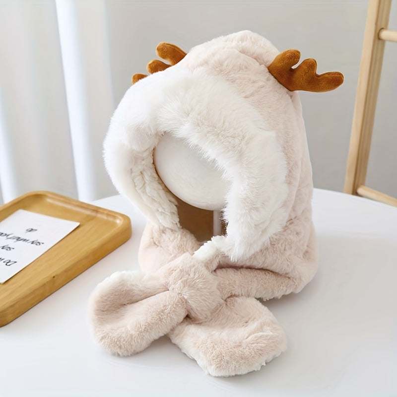 Cute deer hat for children with plush fleece, antlers, and attached scarf for winter warmth