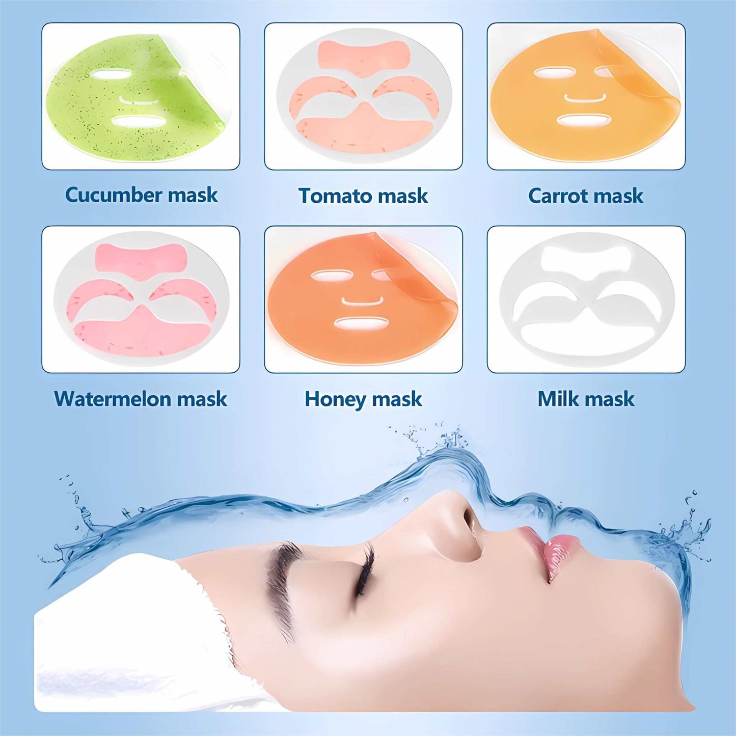 Facial fruit vegetable mask maker with cucumber, tomato, carrot, watermelon, honey, and milk masks for skin rejuvenation