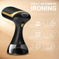 Compact black and gold clothes steamer with automatic ironing features and large water tank
