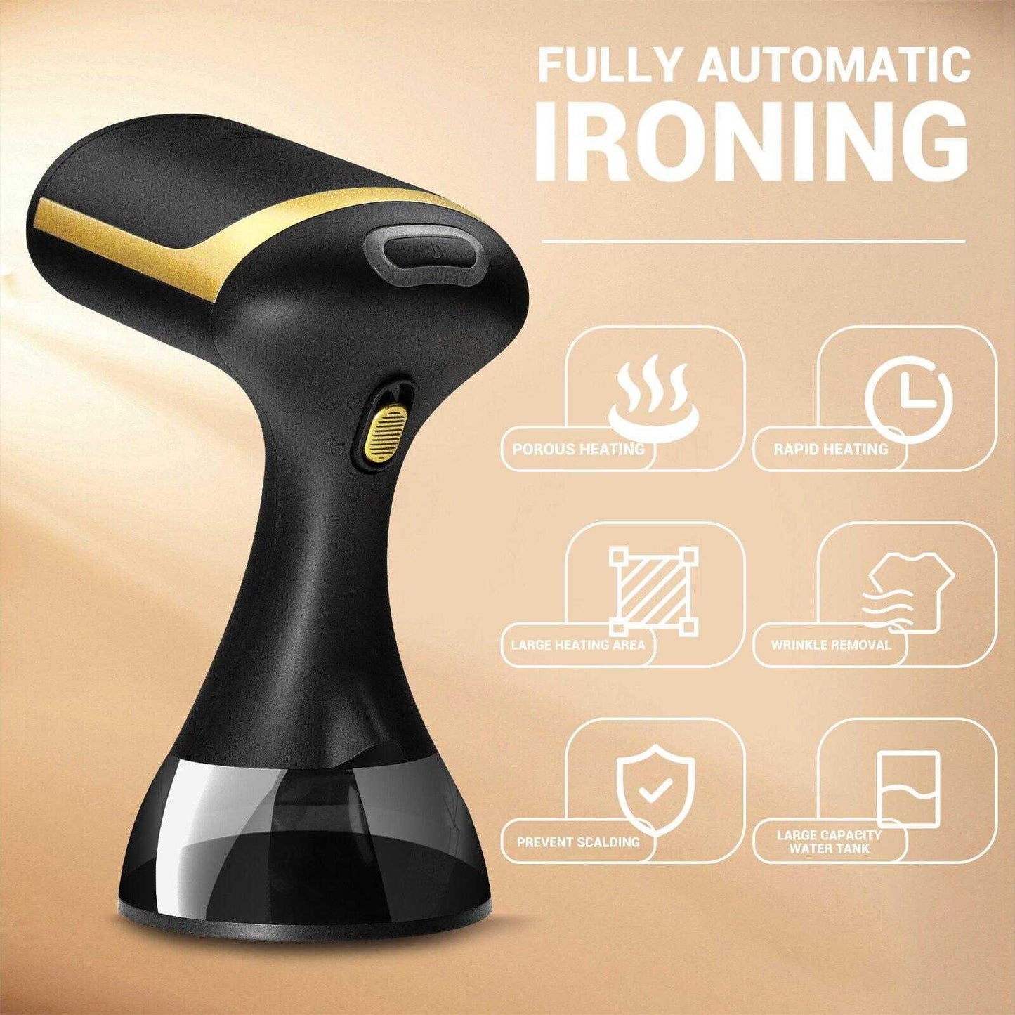Compact black and gold clothes steamer with automatic ironing features and large water tank