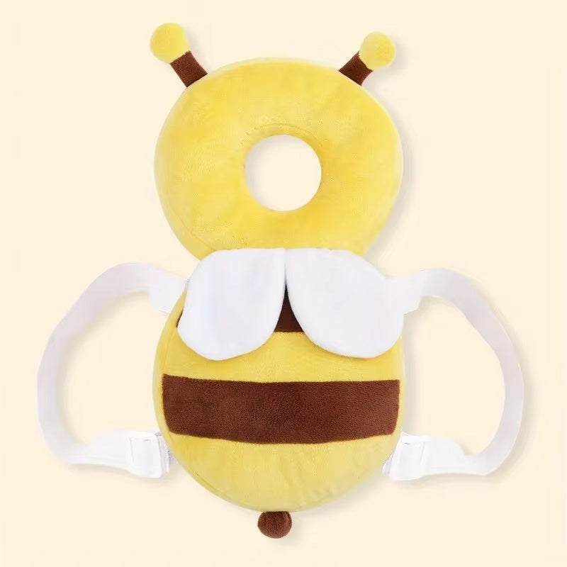 Yellow bee cartoon baby head back protector pillow with adjustable straps for fall prevention