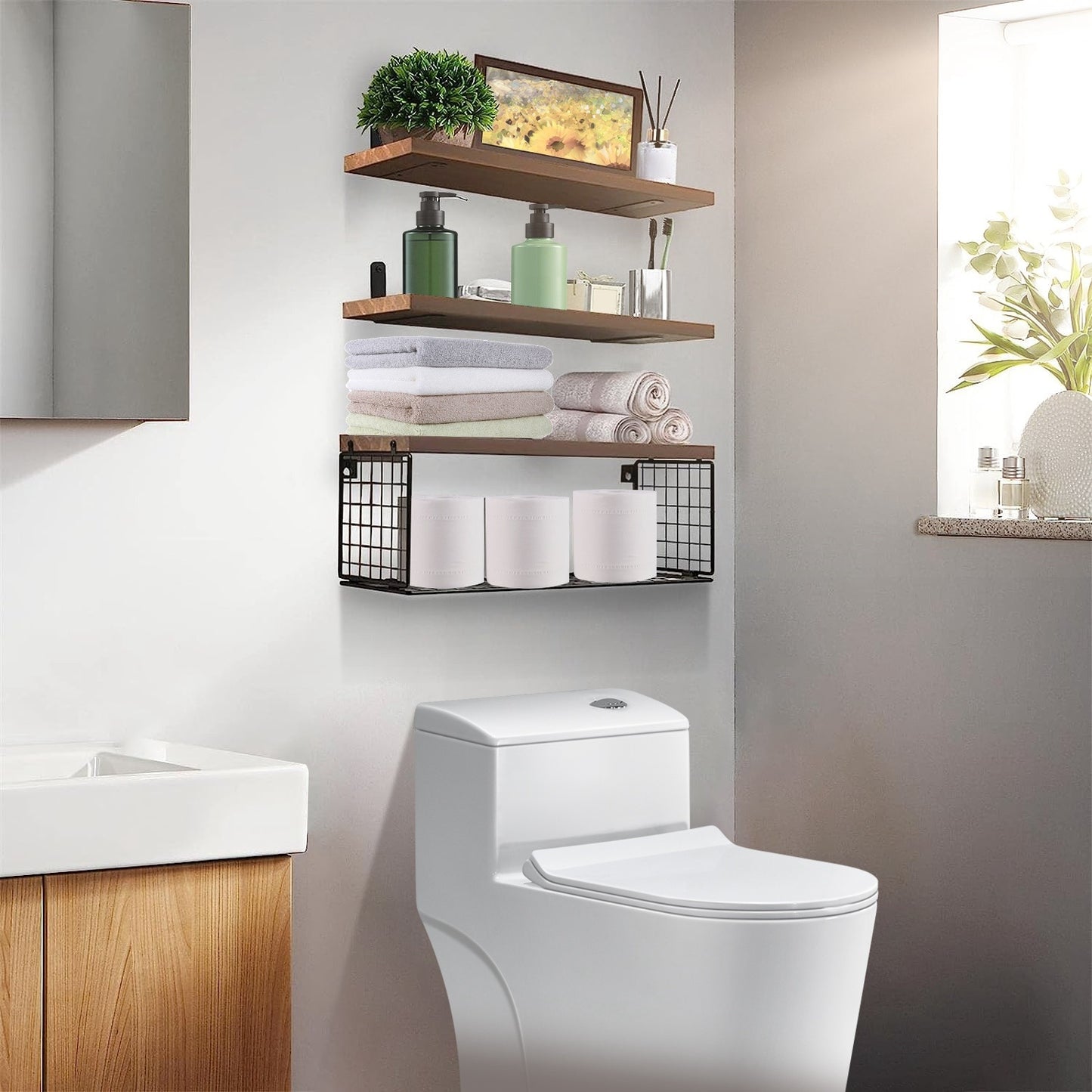 2 In 1 Floating Shelves Wall Mounted With Storage Basket Bathroom Shelves Over Toilet Wooden Shelves For Bedroom Living Room Kitchen Office Wall Decor Plants - The Peppermint Room