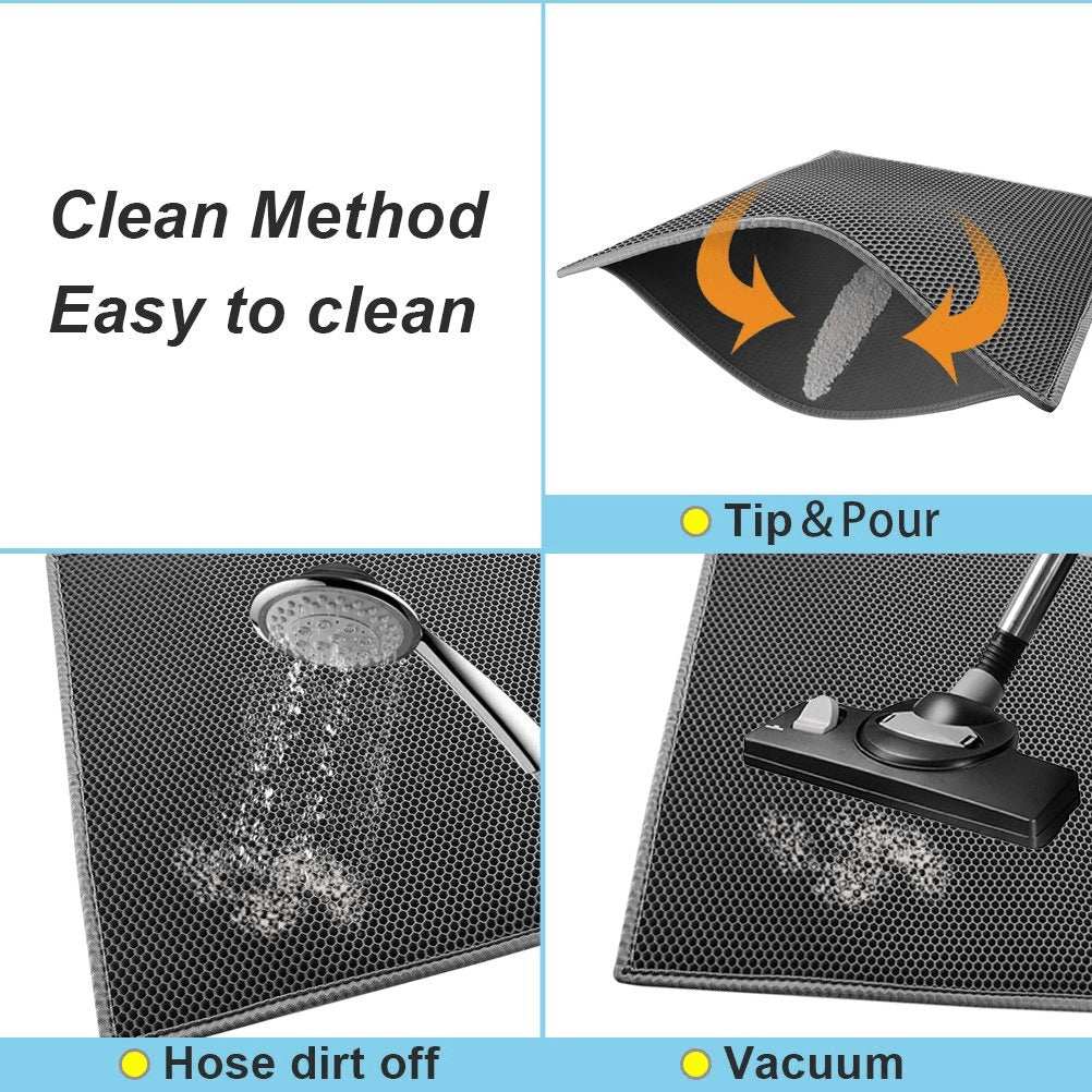 Kitty cat litter mat with honeycomb double layer design, waterproof, non-slip, easy to clean with hose or vacuum, traps litter effectively.