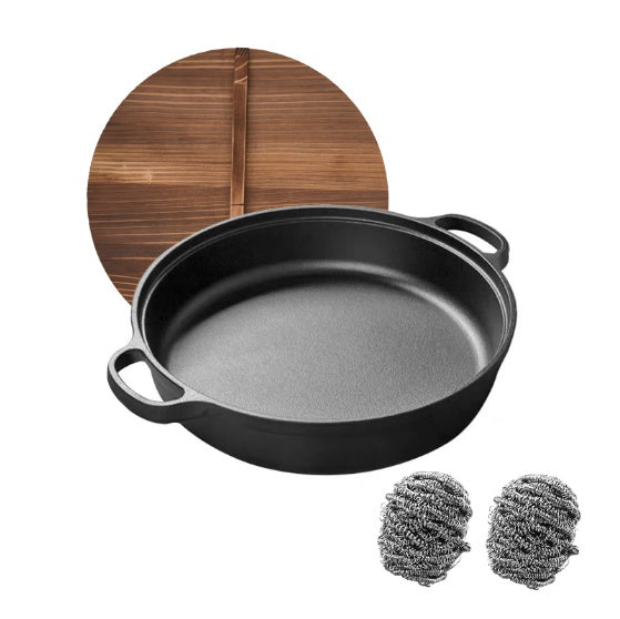 11" Cast Iron Wok – Dual Handles & Wood Lid