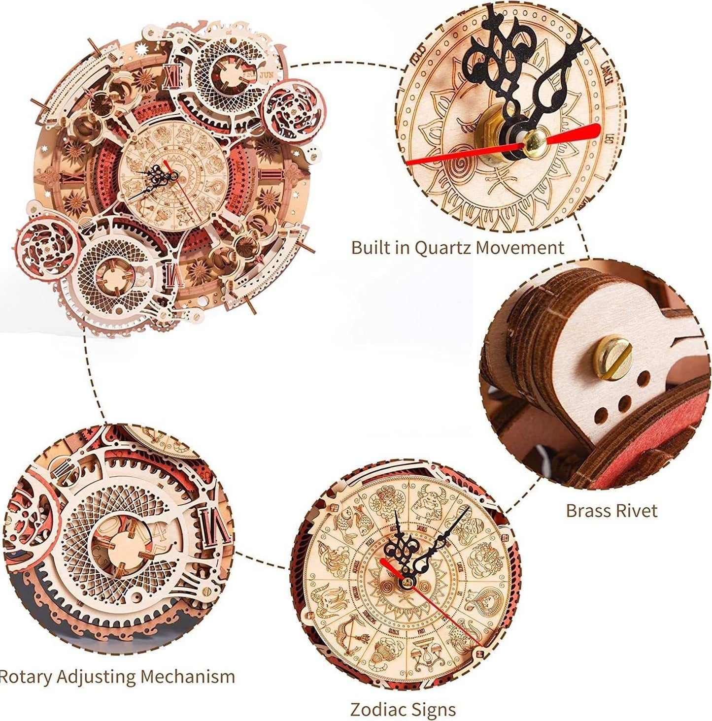 Robotime ROKR Time Art 3D wooden zodiac wall clock puzzle with quartz movement and rotary mechanism