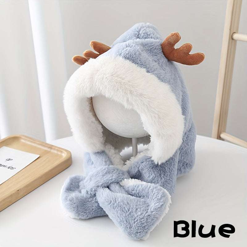 Blue cute deer hat with plush fleece, rabbit ears, antlers, and attached scarf for children winter warmth