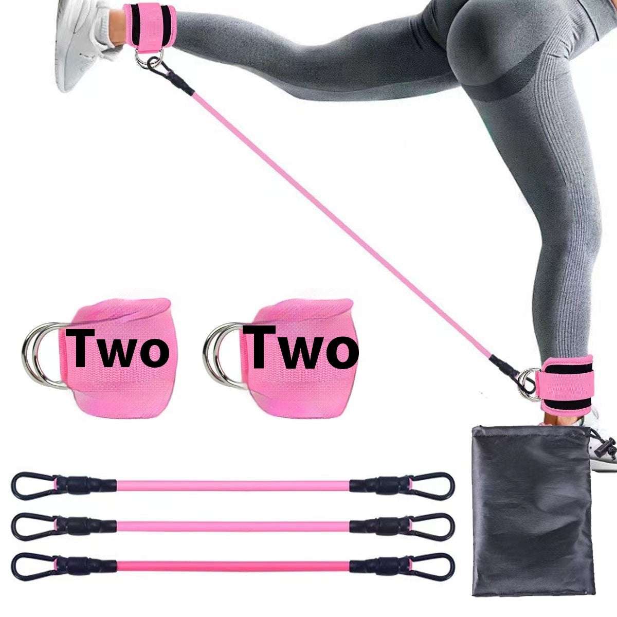 Pink ankle strap resistance bands for leg and hip strength training with adjustable elastic pull ropes and carrying pouch