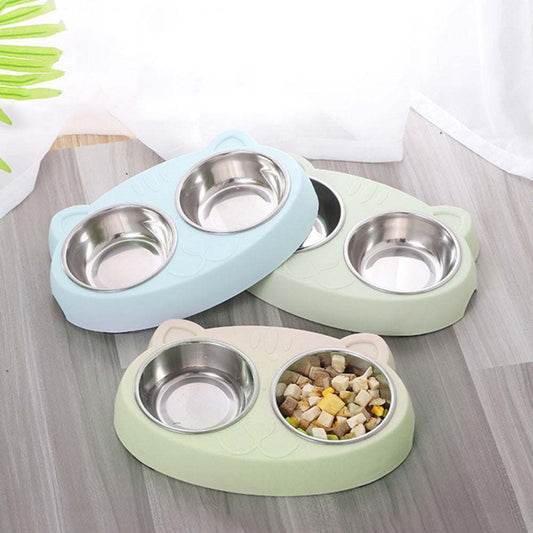 Double dog bowls with stainless steel inserts and non-slip resin base for small to medium dogs and cats