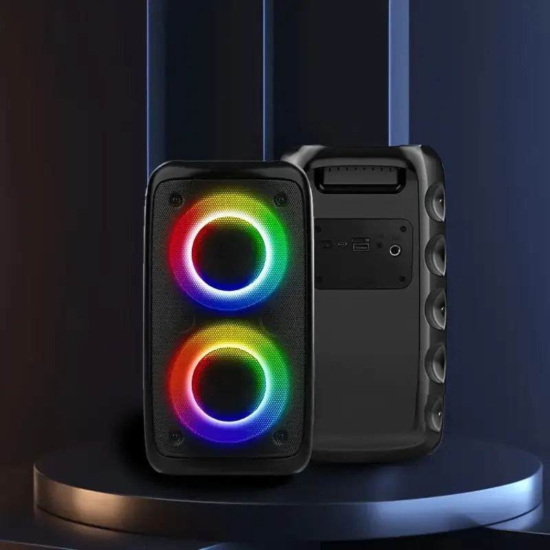 Wireless speaker with subwoofer and colorful LED party disco lights, portable boombox with TWS, TF, and AUX connectivity