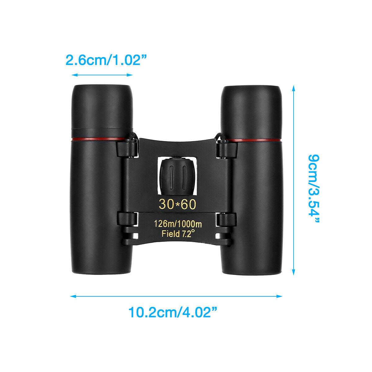 Compact black 30x60 zoom binoculars with 7.2° field view and foldable design for travel and outdoor use