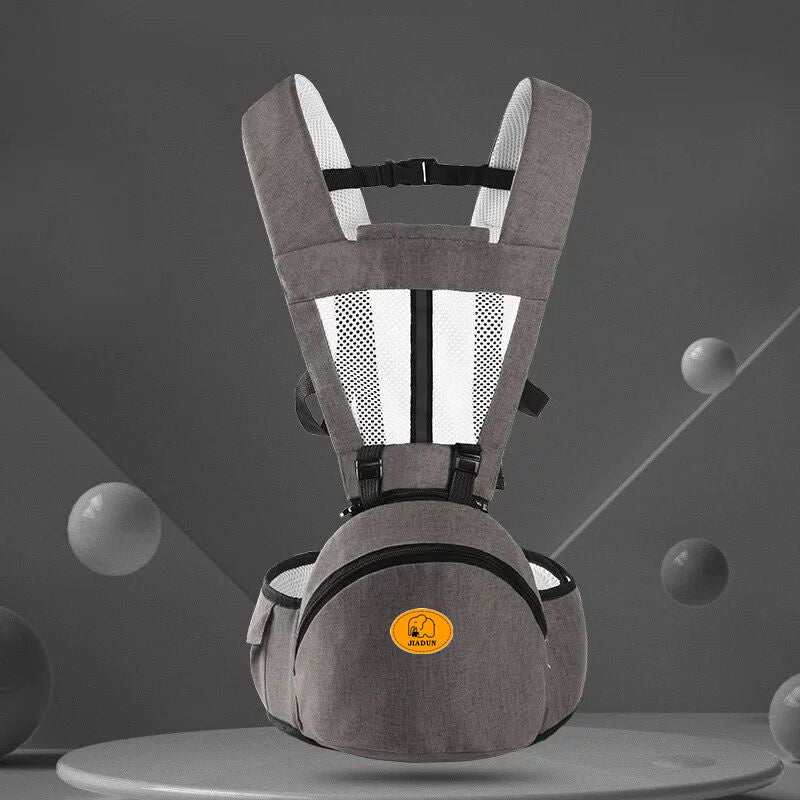 Ergonomic gray baby hip seat carrier with adjustable straps and storage pocket