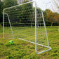 8' x 5' soccer goal with white powder-coated steel frame and nylon net on grass field with green and black soccer ball
